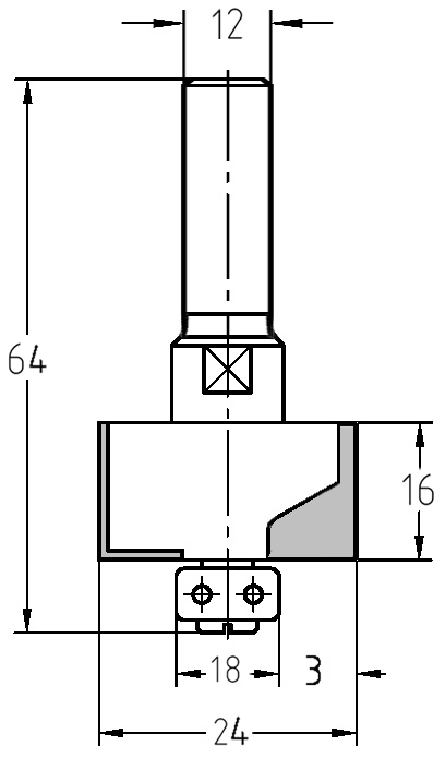 Technische Maßzeichnung des JSO Falzfräsers mit Falztiefe 3 mm und Nutzlänge 16 mm.
