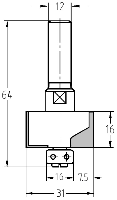 Technische Maßzeichnung des JSO Falzfräsers mit 7,5 mm Falztiefe und 16 mm Nutzlänge.
