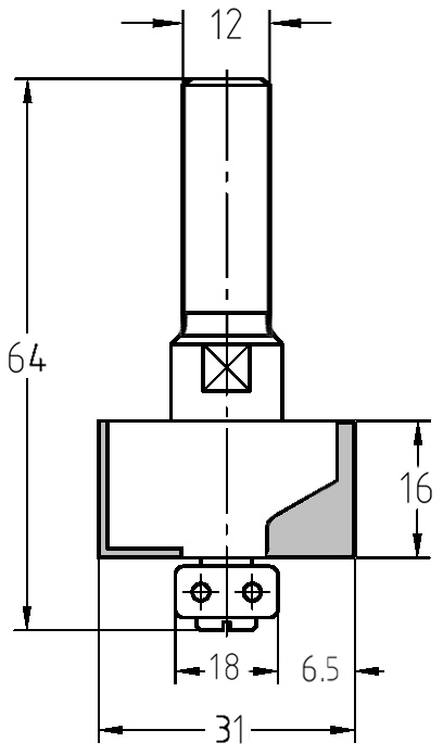 Technische Maßzeichnung des JSO Falzfräsers mit 6,5 mm Falztiefe und 16 mm Nutzlänge.
