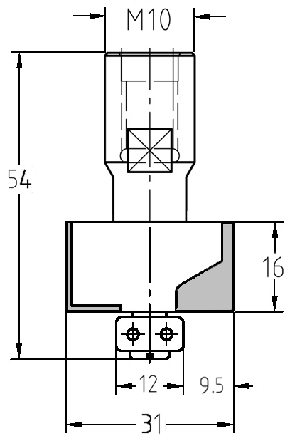 Technische Maßzeichnung des JSO Falzfräsers mit M10 Gewinde, 9,5 mm Falztiefe und 16 mm Nutzlänge.
