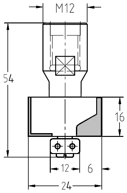Technische Maßzeichnung des JSO Falzfräsers mit M12-Anschluss, Falztiefe 6 mm und Nutzlänge 16 mm.
