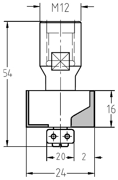Technische Maßzeichnung des JSO Falzfräsers mit M12-Innengewinde, Falztiefe 2 mm und Nutzlänge 16 mm.
