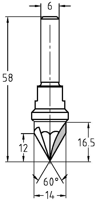 Maßzeichnung JSO 60° V-Nutfräser: Durchmesser 14 mm, Faselänge 12 mm, Gesamtlänge 58 mm.