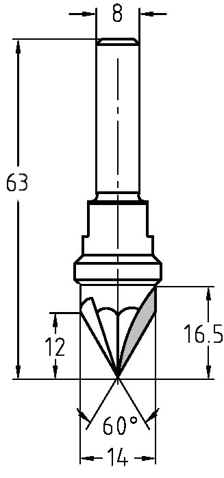 Maßzeichnung JSO 60° V-Nutfräser: Durchmesser 14 mm, Faselänge 12 mm, Gesamtlänge 63 mm.