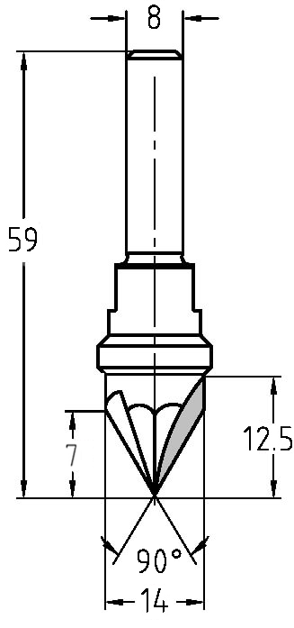 Maßzeichnung JSO 90° V-Nutfräser: Durchmesser 14 mm, Faselänge 7 mm, Gesamtlänge 59 mm.