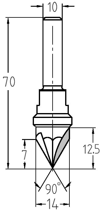 Technische Zeichnung des JSO VHW Senkers 90° Ø 14mm, Nutzlänge 12,5mm, Faselänge 7mm, Schaft 10mm und GL 70mm.