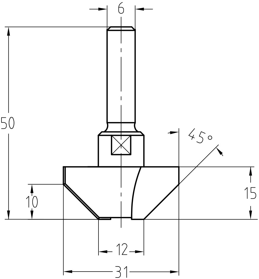 Maßzeichnung Fasefräser 45 Grad: Oberer Durchmesser 31 mm, unterer Durchmesser 11 mm, Faselänge 10 mm.
