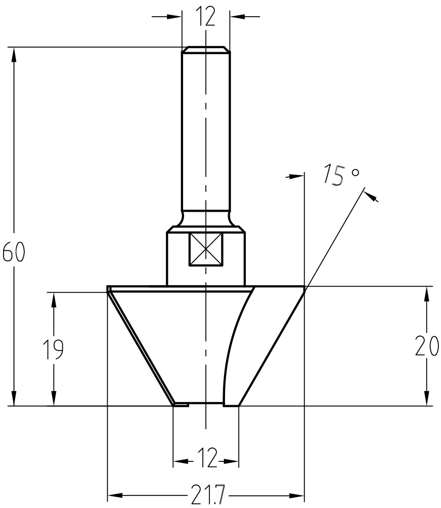Maßzeichnung Fasefräser 15 Grad: Oberer Durchmesser 21,7 mm, unterer Durchmesser 12 mm, Faselänge 19 mm, Schaft 12 mm.

