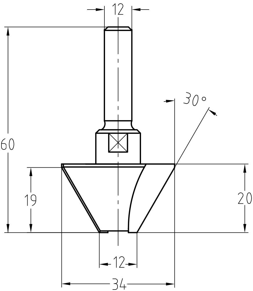 Maßzeichnung Fasefräser 30 Grad: Oberer Durchmesser 34 mm, unterer Durchmesser 12 mm, Faselänge 19 mm, Schaft 12 mm.
