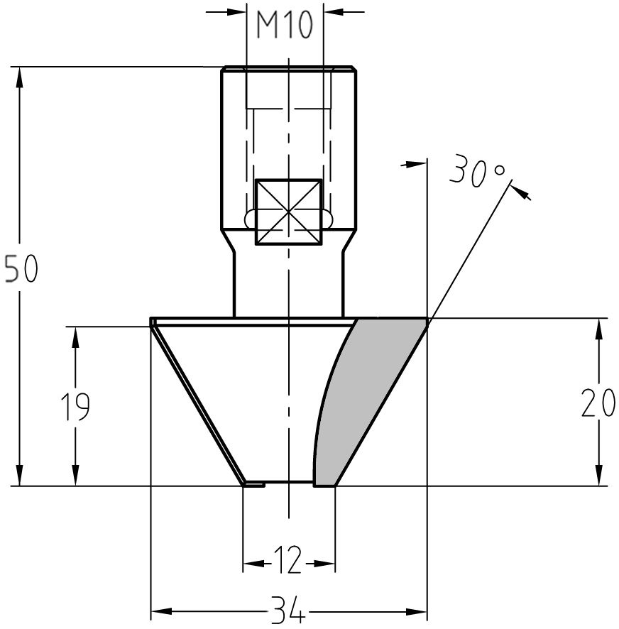 Maßzeichnung Fasefräser 30 Grad: Oberer Durchmesser 34 mm, unterer Durchmesser 12 mm, Faselänge 19 mm, M10-Aufnahme.
