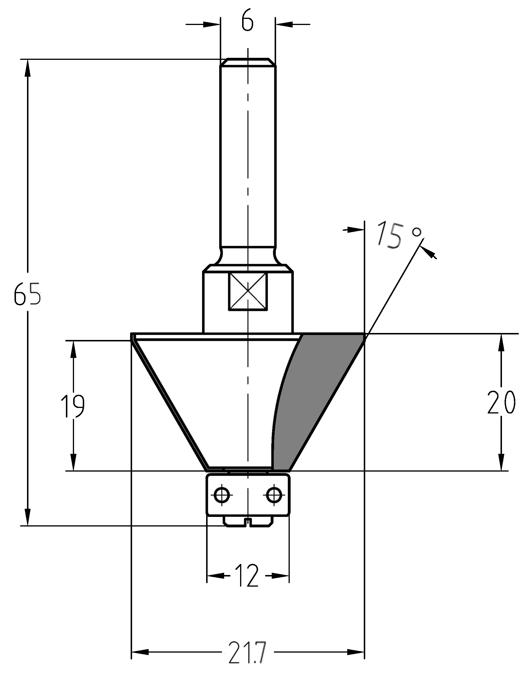 Maßzeichnung Fasefräser 15 Grad mit Lager: Durchmesser 21,7 mm, Anlauflager 12,7 mm, Nutzlänge 20 mm, Faselänge 19 mm.
