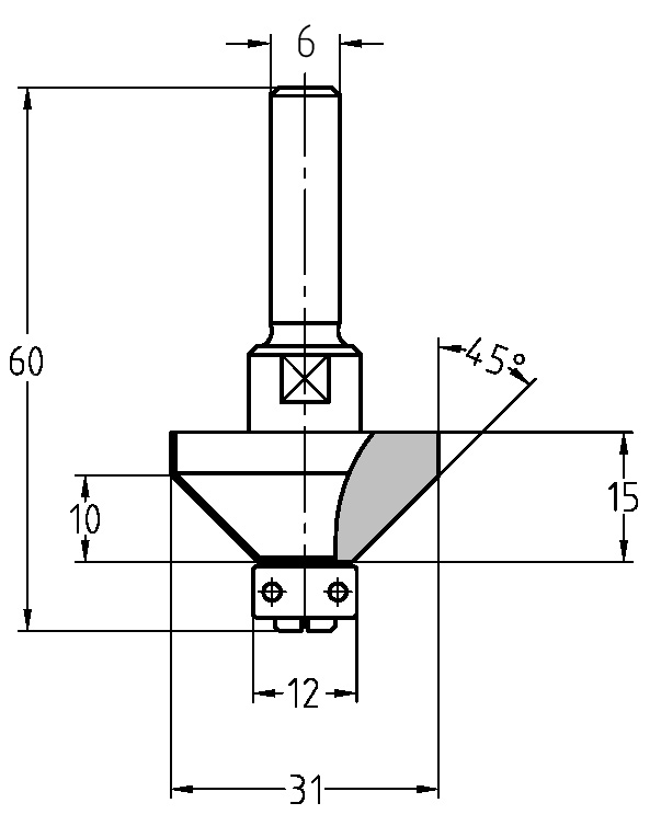 Maßzeichnung Fasefräser 45 Grad mit Lager: Durchmesser 31 mm, Anlauflager 12 mm, Nutzlänge 15 mm.
