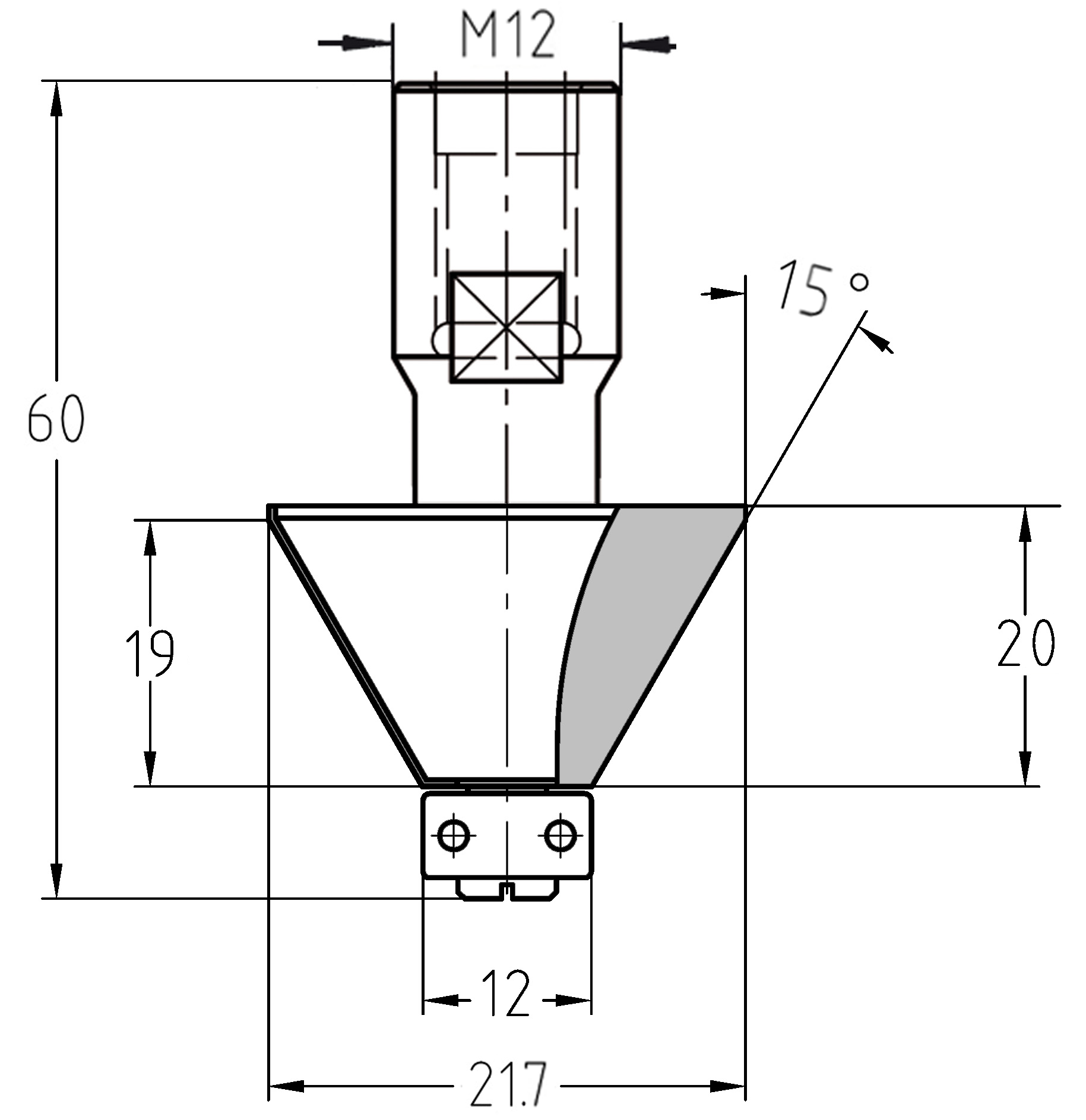 Maßzeichnung Fasefräser 15 Grad mit Lager: Durchmesser 21,7 mm, Anlauflager 12,7 mm, Nutzlänge 20 mm, M12-Gewindeanschluss.
