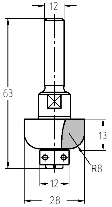 Maßzeichnung des Halbhohlkehlfräsers mit Radius 8 mm, Durchmesser 28 mm und Darstellung des 12 mm Anlauflagers.