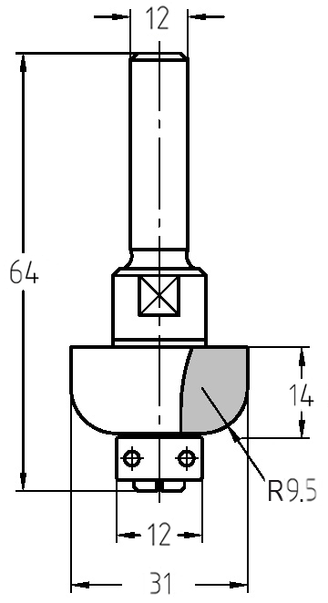 Maßzeichnung des Halbhohlkehlfräsers mit Radius 9,5 mm, Durchmesser 31 mm und Darstellung des 12 mm Anlauflagers.