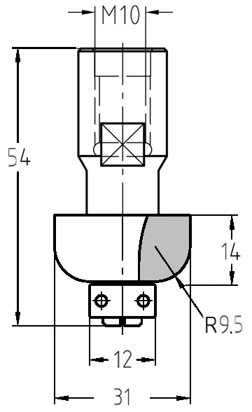 Maßzeichnung des Halbhohlkehlfräsers mit Radius 9,5 mm, 31 mm Durchmesser, M10-Anschluss und 12 mm Anlauflager.