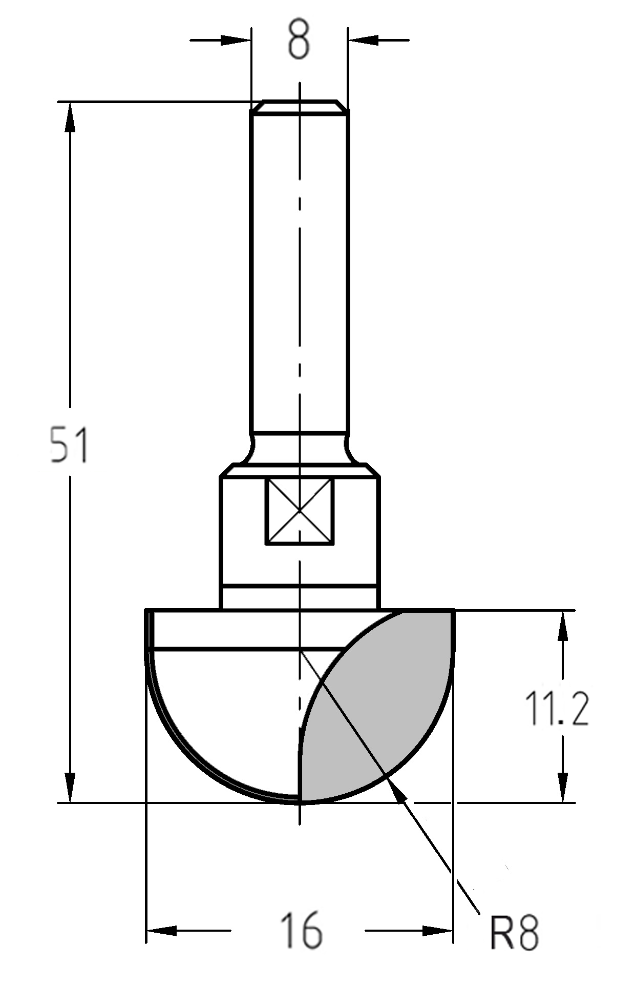 Maßzeichnung des Hohlkehlfräsers: Radius 8 mm, Außendurchmesser 16 mm, Nutzlänge 11,2 mm und Gesamtlänge 51 mm.