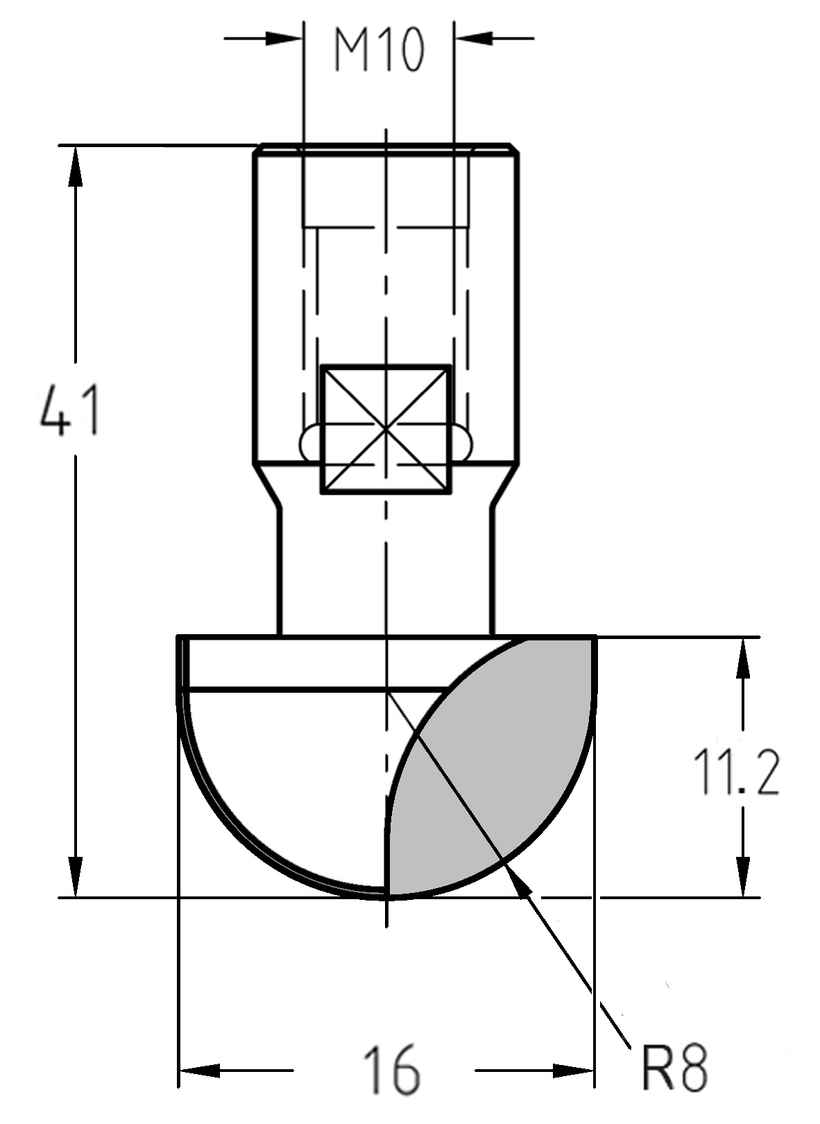 Maßzeichnung des Hohlkehlfräsers: Radius 8 mm, Außendurchmesser 16 mm, Nutzlänge 11,2 mm und M10 Gewindeanschluss.