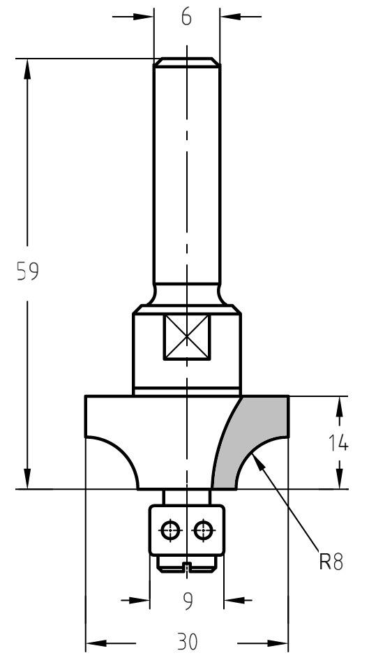 Technische Maßzeichnung des Viertelstabfräsers: R 8 mm, Durchmesser 30 mm, Nutzlänge 14 mm und 9 mm Anlauflager.
