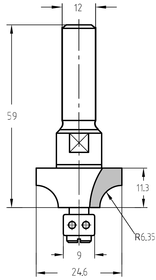Technische Maßzeichnung des Viertelstabfräsers mit Radius 6,35 mm, Durchmesser 24,6 mm und dem 12 mm Schaft sowie 9 mm Anlauflager.