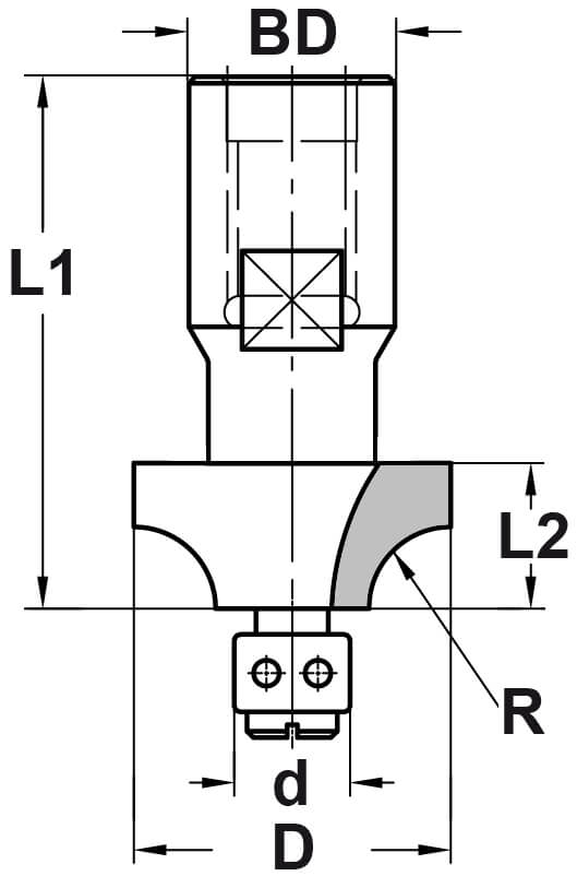 Technische Maßzeichnung des Viertelstabfräsers mit Radius 3 mm, Nutzlänge 8 mm, M10-Anschluss und dem 9 mm Durchmesser des Anlauflagers.