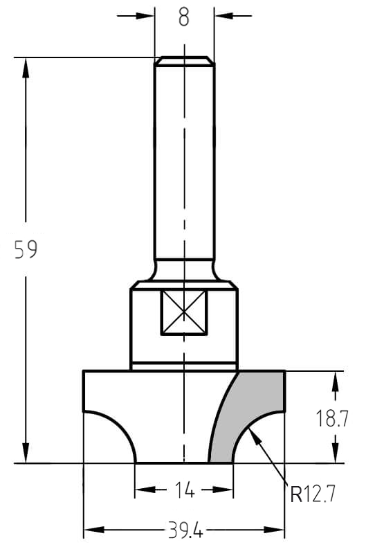Technische Maßzeichnung des Viertelstabfräsers R 12,7 mm: Oberer Durchmesser 39,4 mm, unterer Durchmesser 14 mm, Nutzlänge 18,7 mm und Gesamtlänge 59 mm.