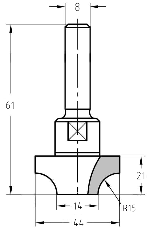 Technische Maßzeichnung des Viertelstabfräsers R 15 mm: Oberer Durchmesser 44 mm, unterer Durchmesser 14 mm, Nutzlänge 21 mm und Gesamtlänge 61 mm.