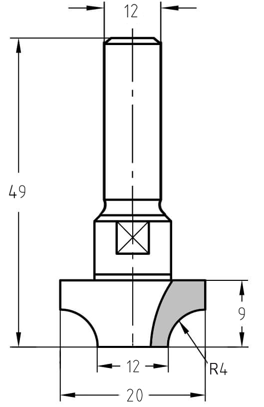 Technische Maßzeichnung des Viertelstabfräsers R 4 mm: Oberer Durchmesser 20 mm, unterer Durchmesser 12 mm, Schaft 12 mm und Nutzlänge 9 mm.