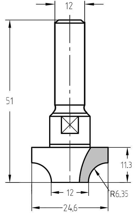Technische Maßzeichnung des Viertelstabfräser R 6,35 mm: Oberer Durchmesser 24,6 mm, unterer Durchmesser 12 mm, Schaft 12 mm und Nutzlänge 11,3 mm.