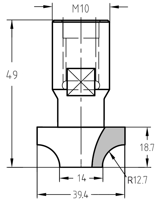Technische Maßzeichnung des Viertelstabfräsers R 12,7 mm: Oberer Durchmesser 39,4 mm, unterer Durchmesser 14 mm, M10-Gewinde und Nutzlänge 18,7 mm.