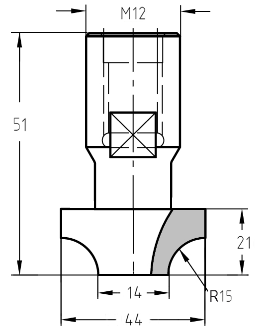 Technische Maßzeichnung des Viertelstabfräsers R 15 mm: Oberer Durchmesser 44 mm, unterer Durchmesser 14 mm, M12-Gewindeaufnahme und Nutzlänge 21 mm.