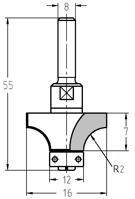 Maßzeichnung JSO Abrundfräser: Durchmesser 16 mm, Radius 2 mm, Nutzlänge 7 mm und Gesamtlänge 55 mm.