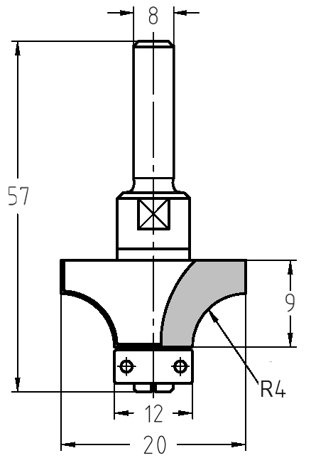 Maßzeichnung JSO Abrundfräser: Durchmesser 20 mm, Radius 4 mm, Nutzlänge 9 mm und Gesamtlänge 57 mm.