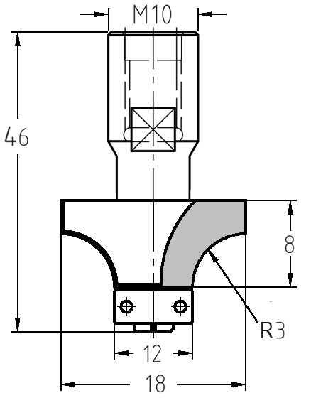 Maßzeichnung JSO Abrundfräser: Durchmesser 18 mm, Radius 3 mm, Nutzlänge 8 mm und Gesamtlänge 46 mm.