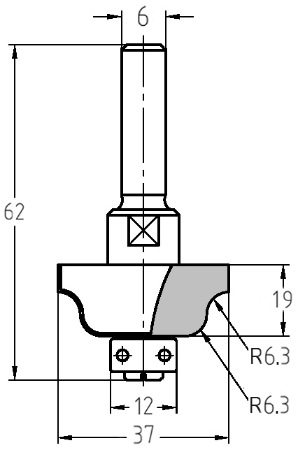 Maßzeichnung des Karnis-Profilfräsers: Details zu 37 mm Durchmesser, 19 mm Nutzlänge und dem tiefen R 6,3 mm S-Profil.