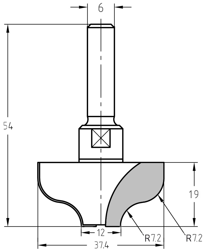 Technische Zeichnung des S-Profilfräsers mit Maßen für Durchmesser (37,4 mm), Nutzlänge (19 mm) und die doppelten 7,2 mm Radien.