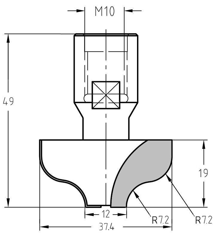 Technische Zeichnung des S-Profilfräsers mit M10-Gewinde, 37,4 mm Durchmesser und den doppelten 7,2 mm Radien für das Wellenprofil.