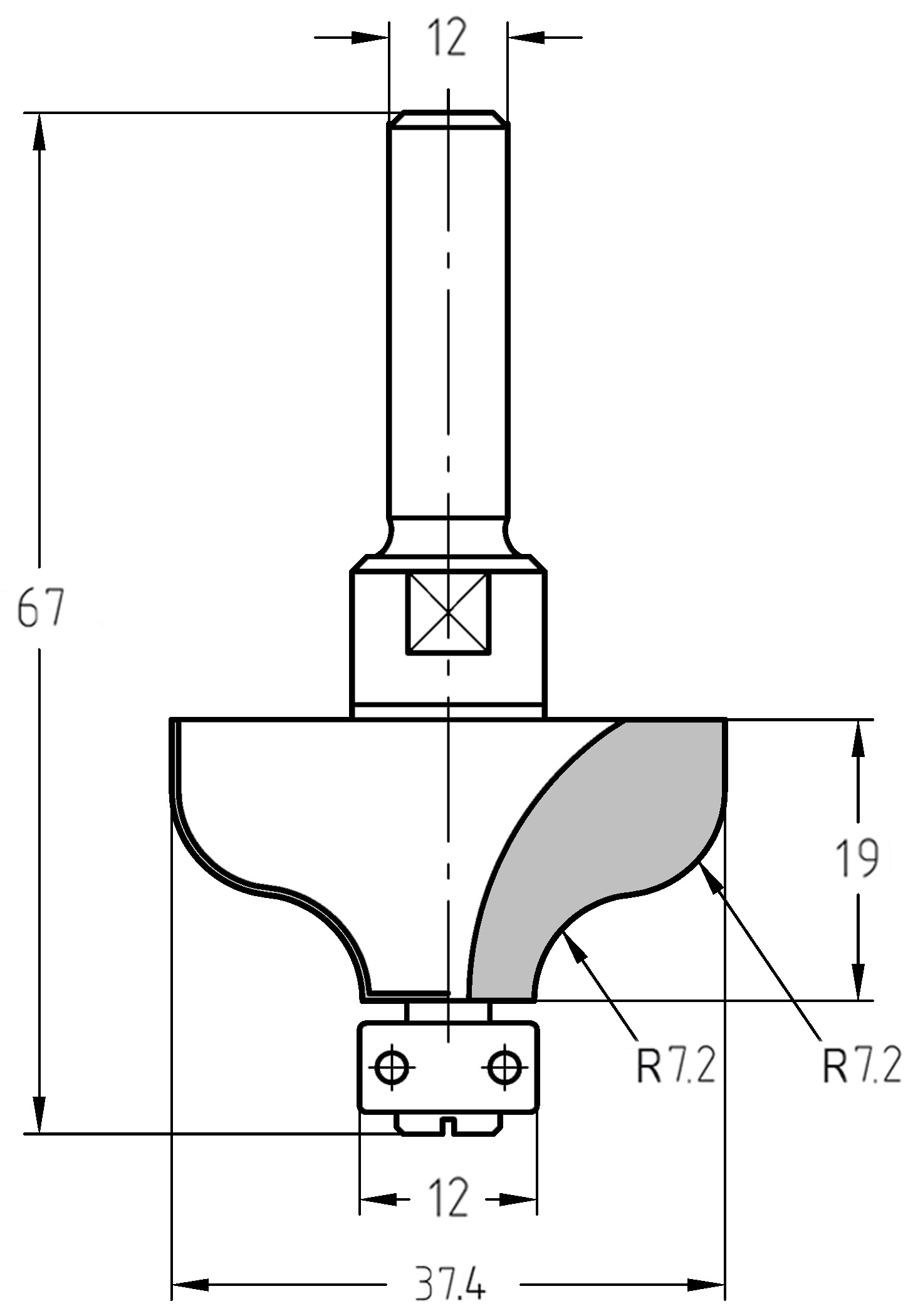 Technische Zeichnung des S-Profilfräsers mit Maßen: 12 mm Schaft, 37,4 mm Durchmesser und Darstellung des Anlauflagers für die Kantenführung.