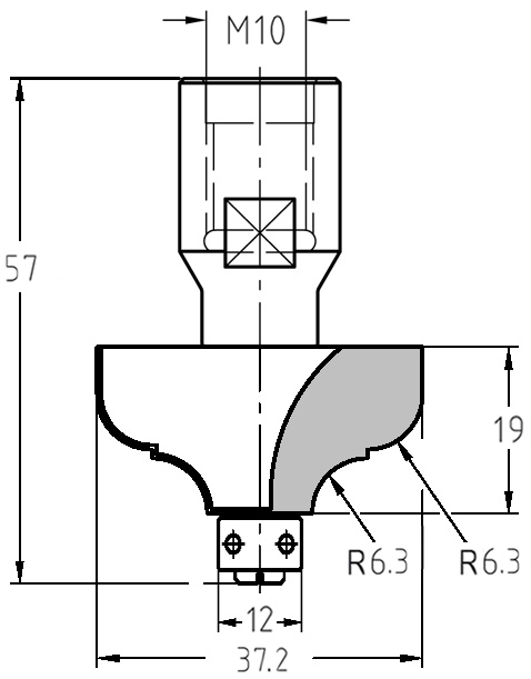 Maßzeichnung des Multiprofilfräsers: Details zu Durchmesser (37,2 mm), M10-Anschluss und den kombinierten 6,3 mm Radien mit 12 mm Anlauflager.