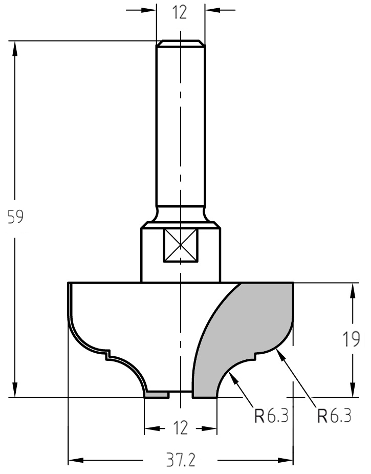 Technische Zeichnung des Multiprofilfräsers: Details zu Durchmesser (37,2 mm), 12 mm Schaftaufnahme und den kombinierten 6,3 mm Radien.