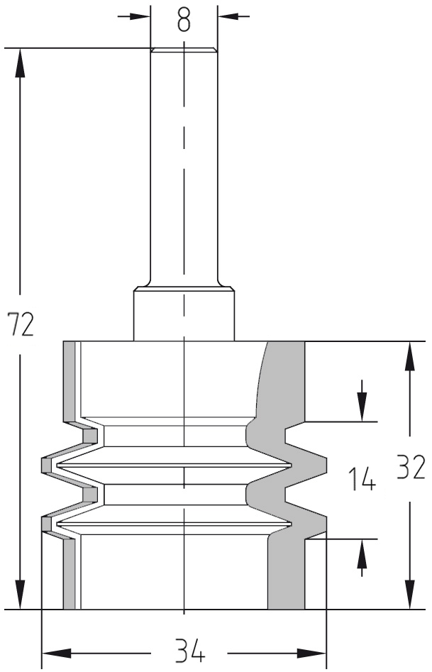 Technische Maßzeichnung des JSO Verleimfräsers mit exakten Angaben zu Durchmesser 34 mm, Gesamtnutzlänge 32 mm, Profilnutzlänge 14 mm und Gesamtlänge 72 mm.