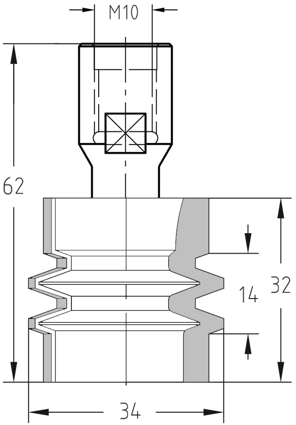 Technische Maßzeichnung des JSO Verleimfräsers mit exakten Angaben zu Durchmesser 34 mm, Gesamtnutzlänge 32 mm, Profilnutzlänge 14 mm und M10-Gewinde.