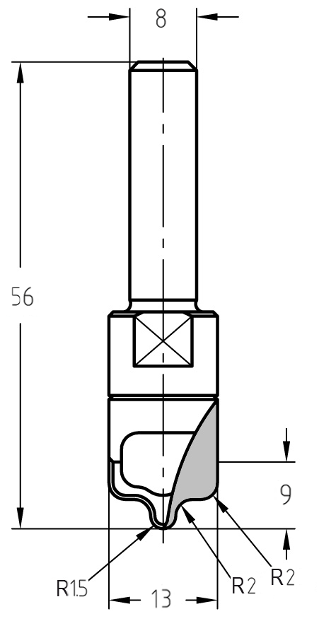 Technische Zeichnung des Ziernutfräsers mit Maßen: 13 mm Durchmesser, 9 mm Nutzlänge und Darstellung des speziellen Profils mit Radien R 1,5 und 2,0 mm.