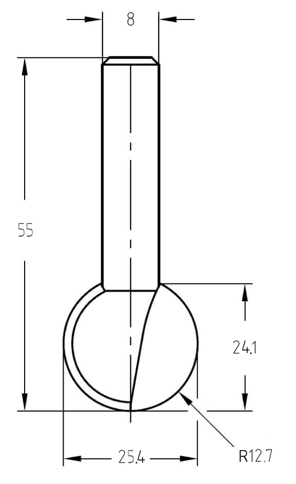 Maßzeichnung des Kugelfräsers: Radius 12,7 mm, Gesamtdurchmesser 25,4 mm, Nutzlänge 24,1 mm und 8 mm Schaft.