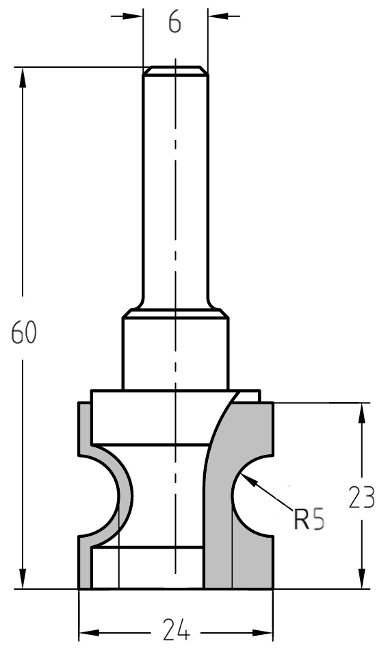 Technische Maßzeichnung des JSO Halbstabfräsers mit Bemaßungen für Durchmesser 24 mm, Nutzlänge 23 mm, Radius 5 mm und Gesamtlänge 60 mm.