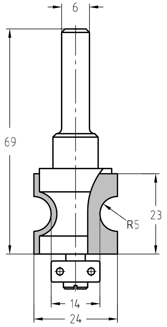 Technische Maßzeichnung des Halbstabfräsers R 5 mm mit Details zu Durchmesser (24 mm), Nutzlänge (23 mm) und Schaftmaß.