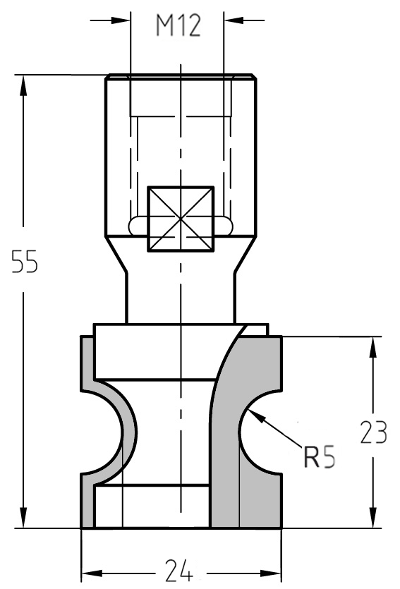 Technische Maßzeichnung des JSO Halbstabfräsers mit M12-Innengewinde sowie Bemaßungen für Durchmesser 24 mm, Nutzlänge 23 mm und Gesamtlänge 55 mm.