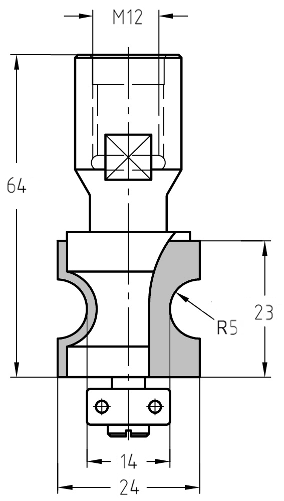 Technische Maßzeichnung des Halbstabfräsers R 5 mm mit M12-Gewindeanschluss, Durchmesser 24 mm und Nutzlänge 23 mm.