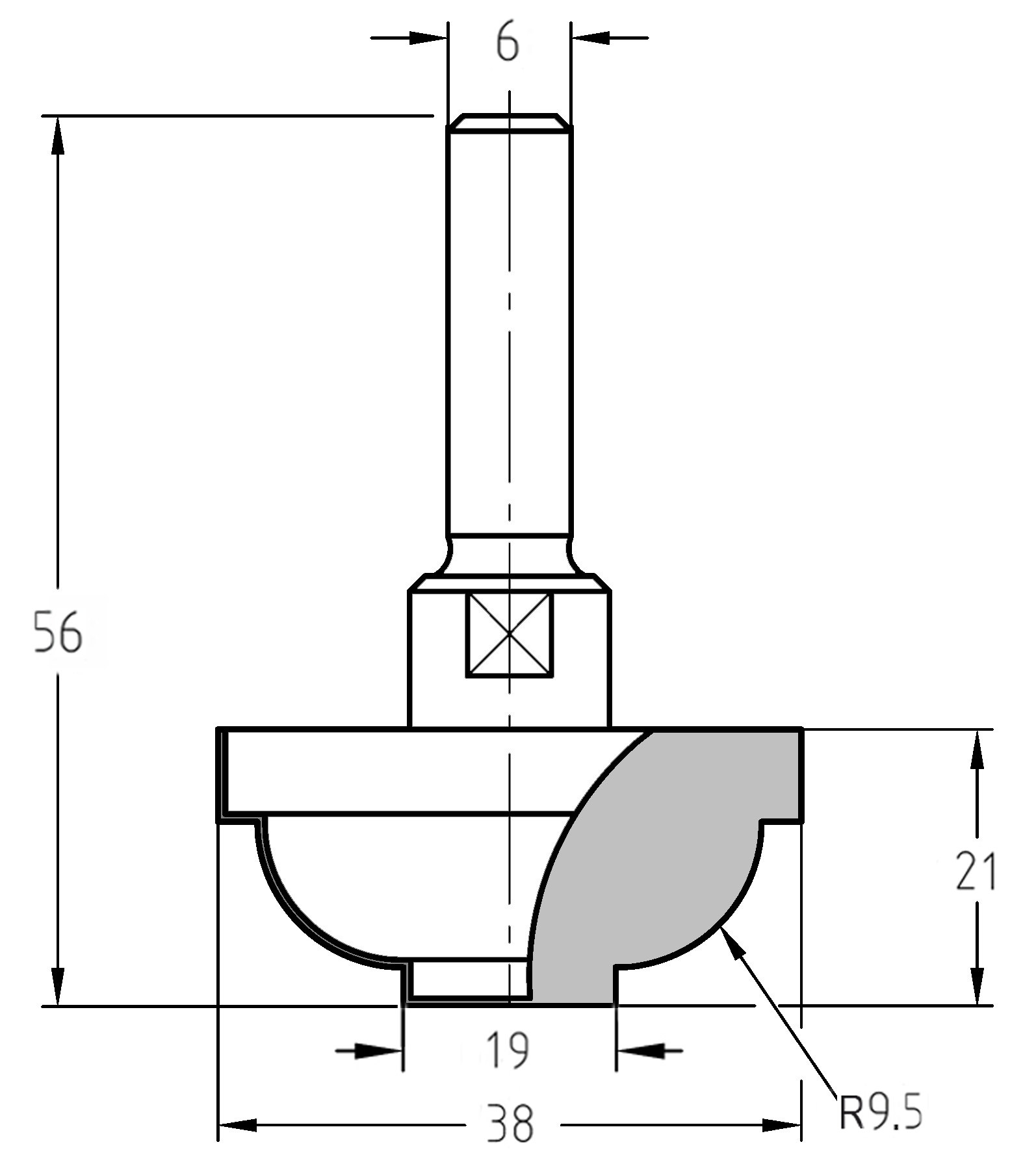 Technische Maßzeichnung des Karniesprofilfräsers: Details zum oberen Durchmesser von 38 mm, dem unteren Durchmesser von 19 mm und dem R 9,5 mm Profil.