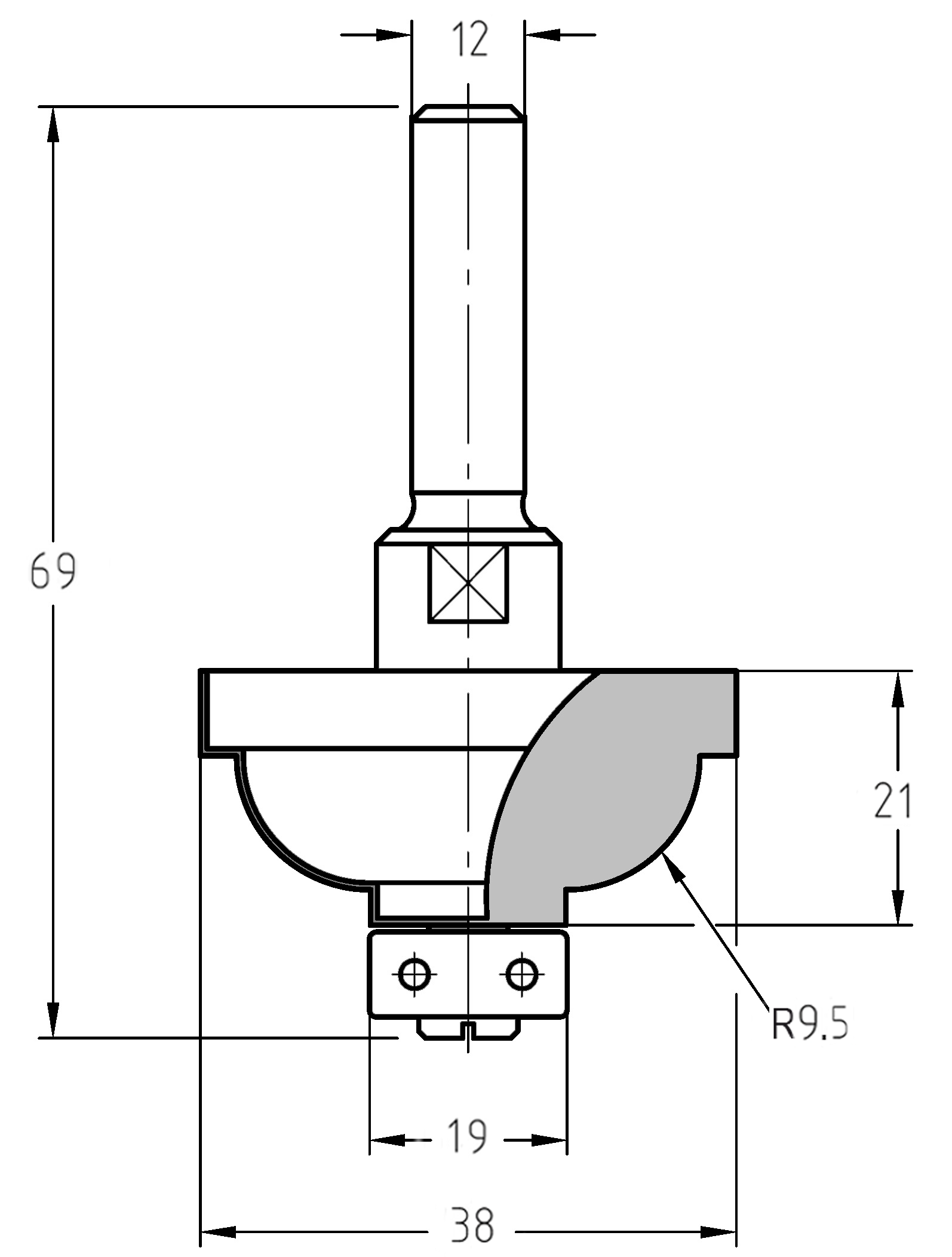 Maßzeichnung des Karnis-Profilfräsers: Details zu 38 mm Durchmesser, 12 mm Schaftaufnahme und dem tiefen R 9,5 mm S-Profil.